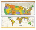 Contemporary US and World Map Classroom Pull Down 2 Map Bundle